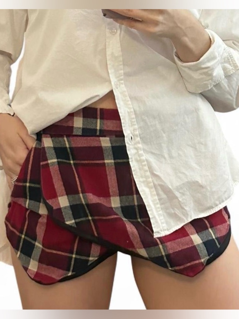 Vintage Red Plaid Tartan Asymmetric Wrap Mini Skort w/ Pockets Women Size Small